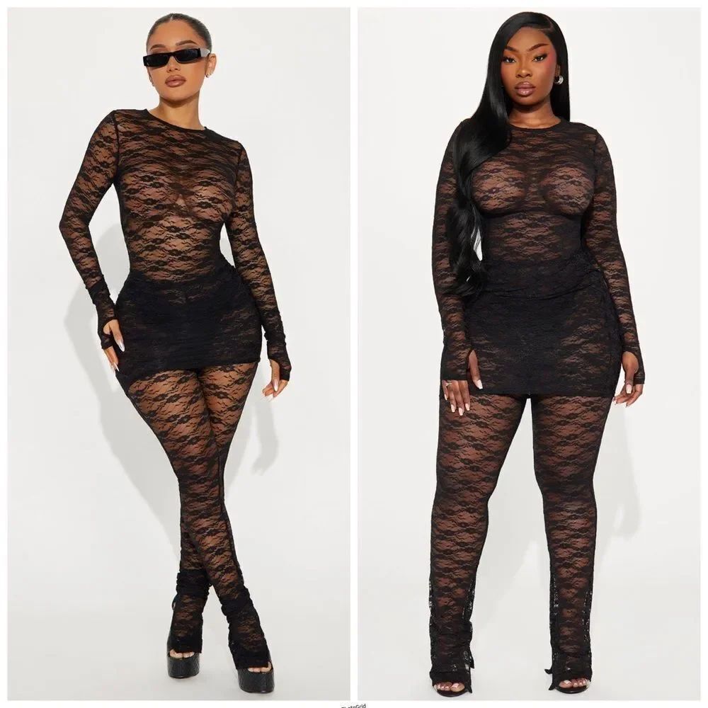 Fashion Nova Black Steal Your Attention Lace Legging Sheer Set 1X